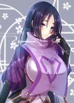  absurdres bangs black_gloves blush bracer breasts closed_mouth eyes_visible_through_hair fate/grand_order fate_(series) gloves hair_between_eyes highres japanese_clothes large_breasts long_hair looking_at_viewer minamoto_no_raikou_(fate/grand_order) puffy_sleeves purple_eyes purple_hair short_eyebrows smile solo tabard tanaji twitter_username upper_body 