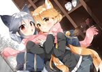  animal_ears bag bag_charm bangs black_jacket blonde_hair blush brown_eyes brown_footwear carrying_bag carrying_over_shoulder cat_ears charm_(object) closed_mouth commentary_request dutch_angle eyebrows_visible_through_hair ezo_red_fox_(kemono_friends) gau_(n00_shi) grey_hair hair_between_eyes jacket kemono_friends loafers long_hair long_sleeves looking_at_viewer multiple_girls open_mouth pink_scarf pleated_skirt print_scarf scarf school_bag school_uniform shared_scarf shoe_locker shoes silver_fox_(kemono_friends) skirt sneakers snowflake_print standing white_footwear winter yellow_eyes 