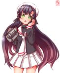  alternate_costume beret black_hair camcorder cardcaptor_sakura commentary_request cosplay daidouji_tomoyo daidouji_tomoyo_(cosplay) gradient_hair green_eyes hat highres holding kanon_(kurogane_knights) kantai_collection long_hair looking_at_viewer matsuwa_(kantai_collection) md5_mismatch multicolored_hair pleated_skirt school_uniform serafuku simple_background sketch skirt solo tomoeda_elementary_school_uniform trait_connection 