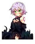  :&gt; bangs bare_shoulders black_panties black_robe black_shirt blush breasts cleavage closed_mouth commentary_request cowboy_shot eyebrows_visible_through_hair facial_scar fate/apocrypha fate_(series) flying_sweatdrops green_eyes hair_between_eyes hands_up head_tilt jack_the_ripper_(fate/apocrypha) mozu_1oo panties purple_hair robe scar scar_across_eye scar_on_cheek shirt short_hair simple_background small_breasts solo underwear white_background 