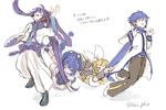  &gt;_&lt; 2girls animal_hat blonde_hair blue_hair clinging closed_eyes eel_hat hair_ornament hair_ribbon hairclip hat headset highres kagamine_rin kaito kamui_gakupo long_hair multiple_boys multiple_girls n03+ otomachi_una ponytail pulling purple_hair ribbon scarf shorts sleeveless surprised twitter_username very_long_hair vocaloid 