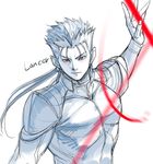  armor bangs blue character_name earrings fate/stay_night fate_(series) gae_bolg hand_up highres holding holding_sword holding_weapon jewelry lance lancer light_smile looking_at_viewer male_focus monochrome parted_lips polearm ponytail red_eyes shoulder_armor sketch solo spaulders spot_color sword tetsu_(kimuchi) upper_body weapon 