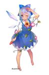  ;( blann blue_bow blue_dress blue_eyes blue_hair blush bow cirno closed_mouth commentary dress flower food fruit full_body hair_bow ice ice_wings looking_at_viewer morning_glory neck_ribbon plant puffy_short_sleeves puffy_sleeves red_ribbon ribbon short_hair short_sleeves solo standing sunflower tan tanned_cirno touhou vines watermelon wings 