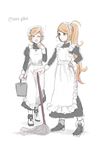  alternate_costume anon_(vocaloid) apron bucket closed_mouth enmaided full_body green_eyes hand_on_hip highres holding juliet_sleeves kanon_(vocaloid) long_hair long_sleeves maid maid_apron maid_cap maid_headdress mop multiple_girls n03+ open_mouth orange_hair puffy_sleeves short_hair siblings simple_background sisters sleepy tears twins twitter_username vocaloid white_background yawning 