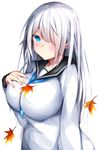  between_breasts blue_eyes blush breasts commentary_request hair_over_one_eye highres huge_breasts long_sleeves looking_at_viewer monotosu original school_uniform serafuku silver_hair upper_body 