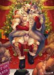 2018 abs anthro balls biceps brown_fur canine cervine christmas clothing fur hair handjob hi_res holidays horn kuron male male/male mammal muscular muscular_male patreon pecs penis sex 