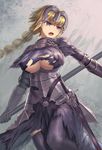  absurdres armor armored_dress bangs black_legwear blonde_hair braid breasts chain commentary_request cowboy_shot fate/apocrypha fate_(series) faulds fur_trim gauntlets headpiece highres hoshibudou jeanne_d'arc_(fate) jeanne_d'arc_(fate)_(all) large_breasts long_hair open_mouth purple_eyes single_braid solo thighhighs torn_clothes 