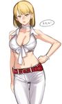  alternate_costume ashley_graham bare_shoulders belt blonde_hair bob_cut bracelet breasts brown_eyes choker cleavage collared_shirt cowboy_shot hand_on_hip highres jewelry large_breasts looking_at_viewer midriff navel pants parted_lips resident_evil resident_evil_4 shirt short_hair simple_background solo sweatdrop tetsu_(kimuchi) thigh_gap tied_shirt translation_request white_background white_choker white_pants white_shirt 