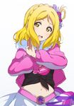  bad_id bad_pixiv_id blonde_hair blush bow braid clothes_writing commentary_request crown_braid earrings eyebrows_visible_through_hair facepaint fur_collar hair_bow hair_rings highres icehotmilktea jacket jewelry love_live! love_live!_sunshine!! midriff miracle_wave navel ohara_mari open_mouth shirt simple_background skirt solo star upper_body white_background yellow_eyes 
