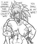  abs big_breasts black_and_white breasts collar demon dialogue english_text eyeless female hair horn huge_breasts humanoid larger_female male monochrome muscular muscular_female nipples open_mouth open_smile rakkuguy shackles sharp_teeth size_difference smaller_male smile sweat sweatdrop teeth text 