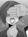  1girl absurdres cellphone commentary_request covering_another's_eyes covering_face cum cum_in_mouth cum_on_tongue greyscale highres kobayakawa_rinko love_plus monochrome open_mouth phone short_hair smartphone terasu_mc 