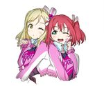  ;d aqua_hair bad_id bad_pixiv_id bangs blonde_hair blown_kiss blush bow braid clenched_hand clothes_writing crown_braid earrings enpu_(ufo) facial_mark fringe_trim green_eyes group_name hair_bow hand_up heart heart_print jacket jewelry kurosawa_ruby long_sleeves love_live! love_live!_sunshine!! miracle_wave multiple_girls ohara_mari one_eye_closed open_mouth red_hair short_twintails simple_background smile star twintails two_side_up upper_body white_background yellow_eyes 