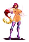  artist_name blush breasts dark_skin devil-v elbow_gloves glowing_eyes high_heel_boots highres huge_breasts nude pussy red_hair solo starfire teen_titans thigh_boots 