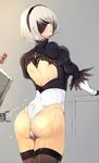  arched_back ass back back_cutout bangs black_hairband black_legwear black_shirt blindfold commentary covered_eyes feather-trimmed_sleeves gloves gradient gradient_background grey_background hairband highleg highleg_leotard hips juliet_sleeves leotard long_sleeves looking_back nier_(series) nier_automata oil open_mouth pod_(nier_automata) puffy_sleeves shirt short_hair silver_hair squirting sumisu_(mondo) thighs white_leotard yorha_no._2_type_b 