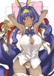  animal_ears armpits bangs blush bow bowtie breasts buttons cleavage dark_skin earrings epaulettes facial_mark fate/grand_order fate_(series) frame hair_tubes hairband hoop_earrings jackal_ears jacket jewelry large_breasts long_hair looking_at_viewer lying nitocris_(fate/grand_order) on_back open_clothes open_jacket open_mouth panties pillow purple_eyes purple_hair sidelocks simple_background skirt skirt_pull sleeveless solo tooya_daisuke unbuttoned underwear very_long_hair white_background white_panties 