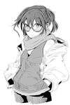  alternate_costume cowboy_shot eyebrows_visible_through_hair glasses greyscale hair_between_eyes hands_in_pockets highres isetta jacket kantai_collection medium_hair monochrome scarf sendai_(kantai_collection) simple_background sleeveless_jacket solo twitter_username two_side_up white_background zipper 