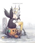  2017 ankle_garter armband bare_shoulders black_dress black_footwear black_gloves black_wings blouse bow commentary_request demon_horns demon_tail dress facing_away feathered_wings frills from_behind gloves hair_bow halloween heart heart_tail horns jack-o'-lantern mandrill original pumpkin sidelocks signature silver_hair sitting solo tail thighhighs torn_clothes white_blouse wings yellow_bow yellow_legwear 