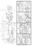  2girls 4koma antenna_hair bbb_(friskuser) bird_tail camisole closed_eyes clothes_on_floor coat coat_removed comic commentary eurasian_eagle_owl_(kemono_friends) feather-trimmed_sleeves feather_trim greyscale head_wings highres kemono_friends long_sleeves monochrome multiple_girls northern_white-faced_owl_(kemono_friends) open_mouth outdoors outstretched_arms revision river self_hug spoken_exclamation_mark spread_arms spread_wings surprised tearing_up translated tree trembling undressing wavy_mouth 