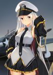  aircraft airplane arm_up azur_lane bad_id bad_pixiv_id bangs black_neckwear blush breasts closed_mouth coat cowboy_shot enterprise_(azur_lane) grey_legwear hand_on_hip hat highres jun_project large_breasts long_hair looking_at_viewer military military_uniform miniskirt necktie open_clothes open_coat peaked_cap pleated_skirt purple_eyes silver_hair skirt solo thighhighs uniform zettai_ryouiki 