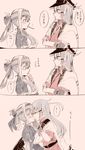  ainu_clothes belt black_gloves blue_hair blush comic commentary dress facial_scar food gangut_(kantai_collection) gloves grey_hair hair_between_eyes hair_ornament hairclip hat headband highres itomugi-kun jacket jacket_on_shoulders kamoi_(kantai_collection) kantai_collection kiss long_hair military military_hat military_uniform multicolored_hair multiple_girls naval_uniform open_mouth peaked_cap pocky pocky_kiss ponytail red_eyes red_shirt remodel_(kantai_collection) scar scar_on_cheek shared_food shirt silver_hair simple_background translated uniform white_hair yuri 