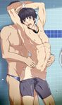  2boys abs armpit ass bathroom black_hair blush bulge crotch erection goggles male_focus multiple_boys muscle nipples penis restrained shower swimsuit tama_hiro tan tanline wet yaoi 