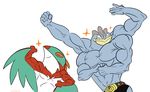  4_arms 5_fingers abs alpacapala anthro avian belt biceps bird clothed clothing duo eyes_closed fist flexing hawk hawlucha humanoid machamp male multi_arm multi_limb muscular nintendo pecs pok&eacute;mon pok&eacute;mon_(species) pose signature simple_background smile topless video_games white_background 