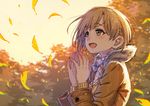  :d aiba_yumi autumn autumn_leaves bangs beige_vest blush brown_eyes brown_jacket buttons chromatic_aberration collared_shirt dress_shirt evening eyebrows_visible_through_hair forest from_side fur-trimmed_jacket fur_trim hands_together hands_up idolmaster idolmaster_cinderella_girls jacket kusano_shinta leaf leaves_in_wind light_brown_hair light_particles long_sleeves nature nose_blush open_mouth outdoors shirt short_hair sky smile solo sweater_vest swept_bangs tree upper_body white_shirt wind yellow_sky 