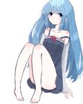  arm_warmers black_dress blue_eyes blue_hair dress full_body knees_up long_hair looking_at_viewer original sitting solo tomoshibi_(rokugatsu) 