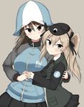  arm_around_back bangs beret black_hat black_jacket black_neckwear black_ribbon black_skirt blue_hat blue_jacket blue_skirt brown_background brown_eyes brown_hair closed_mouth dress_shirt emblem eyebrows_visible_through_hair girls_und_panzer hair_ribbon hat hikyakuashibi holding_hands jacket japanese_tankery_league_(emblem) keizoku_military_uniform light_brown_hair long_hair long_sleeves looking_at_viewer mika_(girls_und_panzer) military military_hat military_uniform miniskirt multiple_girls necktie pleated_skirt raglan_sleeves ribbon selection_university_(emblem) selection_university_military_uniform shimada_arisu shirt side_ponytail simple_background skirt smile standing track_jacket uniform upper_body white_shirt 