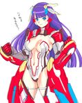  aerial_drive armor bangs blue_eyes blunt_bangs blush breasts breasts_apart clenched_hands closed_mouth cowboy_shot eyebrows_visible_through_hair fate/grand_order fate_(series) gauntlets hairband headgear headphones highres legs_apart leotard mecha_musume medium_breasts navel purple_hair revealing_clothes saint_martha sketch smile solo standing tetsu_(kimuchi) translated white_leotard 