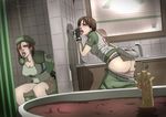  2girls blush brown_hair character_request monster multiple_girls peril restroom tagme thighs uniform zombie 