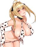  ahoge animal_print bare_shoulders belt_collar blonde_hair blush borrowed_character breasts cocq_taichou commentary covered_nipples cow_horns cow_print cowboy_shot elbow_gloves eyebrows_visible_through_hair gloves hair_intakes horns large_breasts leaning_forward long_hair looking_at_viewer navel o-ring o-ring_top original panties panty_pull pulled_by_self saaya_(kirome) simple_background solo standing sweatdrop tongue tongue_out underwear undressing white_background yellow_eyes 