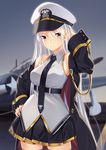  aircraft airplane arm_up azur_lane bangs black_neckwear blush breasts closed_mouth coat commentary cowboy_shot enterprise_(azur_lane) grey_legwear hand_on_hip hat highres jun_project large_breasts long_hair looking_at_viewer military military_uniform miniskirt necktie open_clothes open_coat peaked_cap pleated_skirt purple_eyes revision silver_hair skirt solo thighhighs uniform zettai_ryouiki 