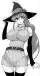  :o absurdres ass_visible_through_thighs bangs belt breasts cowboy_shot detached_sleeves dress eyebrows_visible_through_hair greyscale halloween hand_on_headwear hand_up hat hat_ornament highres large_breasts long_hair looking_at_viewer monochrome parted_lips ribbed_sweater simple_background solo standing sweater sweater_dress thighhighs white_background witch_hat yuuki_homura 