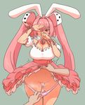  1girl animal_ears bow breasts bunny_ears di_gi_charat dice_hair_ornament dress hair_bow hair_ornament hetero highres large_breasts long_hair panties panty_pull pink_hair pussy_juice pussy_juice_trail red_eyes skirt skirt_lift solo_focus sumiyao_(amam) twintails underwear usada_hikaru 