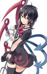  asymmetrical_wings black_dress black_hair black_legwear blue_wings bow bowtie closed_mouth cowboy_shot dress hair_between_eyes highres holding holding_weapon houjuu_nue looking_at_viewer polearm red_eyes red_neckwear red_wings short_dress short_sleeves simple_background sketch snake solo thighhighs touhou trident usotsuki_penta weapon white_background wings wristband 