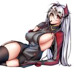  azur_lane black_legwear breasts double-breasted garter_straps gloves grey_gloves headgear highres large_breasts long_hair looking_at_viewer open_mouth orange_eyes prinz_eugen_(azur_lane) sideboob silver_hair sitting solo tetsu_(excalibur920) thighhighs tongue tongue_out very_long_hair 