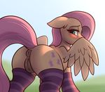  2017 anus blush butt clothing cutie_mark equine feathered_wings feathers female feral fluttershy_(mlp) friendship_is_magic hair hi_res legwear mammal my_little_pony pegasus piecee01 pussy solo striped_legwear stripes wings 