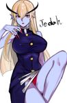  bare_arms bare_shoulders blonde_hair blue_dress blue_skin character_name covered_nipples dress fingernails genderswap genderswap_(mtf) highres jedah_dohma knee_up lipstick long_eyebrows long_fingernails long_hair looking_at_viewer makeup midnight_bliss panties pantyshot pantyshot_(standing) parted_lips pointy_ears red_eyes red_lipstick red_panties sharp_fingernails simple_background solo standing standing_on_one_leg tetsu_(kimuchi) underwear vampire_(game) white_background 