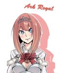  ark_royal_(kantai_collection) artist_name blue_eyes bob_cut character_name cleavage_cutout flower hairband kanade_(kanadeya) kantai_collection looking_at_viewer red_flower red_hair red_ribbon red_rose ribbon rose shadow short_hair simple_background solo tiara tsurime upper_body white_background 