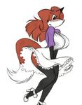  auntie_vixen big_breasts blush breasts canine chochi clothing dipstick_tail dress female footwear fox fur gloves_(marking) hair hair_over_eye high_heels looking_at_viewer mammal markings multicolored_tail plantigrade ponytail raised_leg red_fur red_hair shoes solo 