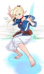  :o belt blonde_hair blue_cape blue_vest book braid cape choker copyright_name dungeon_meshi elf fighting_stance green_eyes hand_up highres long_hair looking_at_viewer magic marcille no_socks pants parted_lips pointy_ears pouch puffy_pants red_choker ripples sandals solo standing standing_on_liquid sweat tetsu_(kimuchi) v-shaped_eyebrows vest water_surface white_pants 