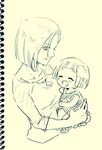  android_18 carrying closed_eyes dragon_ball dragon_ball_super dragon_ball_z fukuko_fuku marron monochrome mother_and_daughter multiple_girls notebook open_mouth short_hair simple_background smile traditional_media 