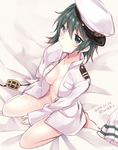  admiral_(kantai_collection) admiral_(kantai_collection)_(cosplay) barefoot bed_sheet between_legs blush breasts cleavage coat collarbone convenient_arm cosplay dated eyebrows_visible_through_hair eyepatch eyepatch_removed full_body green_eyes green_hair groin hand_between_legs hand_on_own_face hat heterochromia jacket_on_shoulders kabocha_torute kantai_collection kiso_(kantai_collection) long_sleeves medium_breasts military military_uniform naked_coat naval_uniform no_bra no_panties open_clothes open_coat peaked_cap pleated_skirt sailor_hat short_hair sideways_hat sitting skirt skirt_removed sleeves_past_wrists solo twitter_username uniform wariza white_coat white_hat white_skirt yellow_eyes 