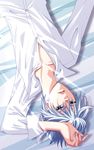  bed_sheet blue_eyes collarbone from_above hand_on_own_head higashiyama_kazuko leroy_sulzkaya looking_at_viewer lying male_focus official_art on_back parted_lips partially_unbuttoned partially_undressed pet_detective_y's shirt short_hair solo white_shirt 