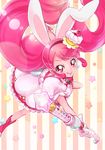  :q absurdres animal_ears beige_background bunny_ears bunny_tail cake_hair_ornament cure_whip dress extra_ears food_themed_hair_ornament gloves hair_ornament hairband highres holding holding_wand kirakira_precure_a_la_mode long_hair looking_at_viewer magical_girl pink_eyes pink_footwear pink_hair pink_hairband precure sharumon shoes smile solo star starry_background striped striped_background tail tongue tongue_out twintails usami_ichika wand white_dress white_gloves 