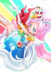  absurdres bead_necklace beads blue_dress blue_eyes blue_hairband boots cropped_legs cure_parfait dress elbow_gloves food_themed_hair_ornament gloves hair_ornament hairband highres jewelry kirahoshi_ciel kirakira_precure_a_la_mode knee_boots layered_dress long_hair looking_at_viewer magical_girl necklace pink_hair precure rainbow rainbow_order sharumon smile solo star star-shaped_pupils symbol-shaped_pupils white_footwear white_gloves 