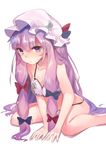  asuzemu bare_legs blue_bow bow bra commentary_request crescent crescent_hair_ornament hair_bow hair_ornament hat leaning_forward long_hair looking_at_viewer mob_cap panties patchouli_knowledge pink_hat purple_eyes purple_hair red_bow sidelocks simple_background sitting sketch solo touhou underwear underwear_only very_long_hair white_background 