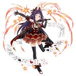  ;d animal_ears ankle_bow ankle_ribbon black_gloves black_legwear bow bunny_ears cape card elbow_gloves fake_animal_ears full_body gloves grin hat holding holding_sword holding_weapon layered_skirt leg_up long_hair official_art one_eye_closed open_mouth outstretched_arm pointy_ears purple_eyes purple_hair ribbon shirt simple_background skirt sleeveless sleeveless_shirt smile solo standing standing_on_one_leg striped striped_legwear suspender_skirt suspenders sword sword_art_online sword_art_online:_code_register thighhighs vertical-striped_legwear vertical_stripes very_long_hair weapon white_background white_shirt yuuki_(sao) 
