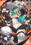  2017 3girls animal_ears black_hair blue_eyes breasts bustier cleavage commentary covered_navel drill_hair ears_through_headwear eureka_brider fang furry gloves green_eyes green_hair halloween halloween_costume happy_halloween hat highres jumping large_breasts living_clothes long_hair multiple_girls open_mouth original outstretched_hand paw_gloves paw_pose paw_shoes paws pipe pipe_in_mouth purple_eyes reaching_out revealing_clothes ringlets shoes short_eyebrows smile smoking snout solo_focus strapless tail thick_eyebrows thighhighs thighs torn_clothes torn_legwear white_legwear witch_hat wolf_ears wolf_girl wolf_tail 